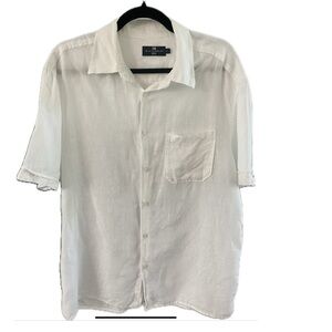 M&S Blue Harbour White 100% Linen Casual Button Down Shirt with pocket .